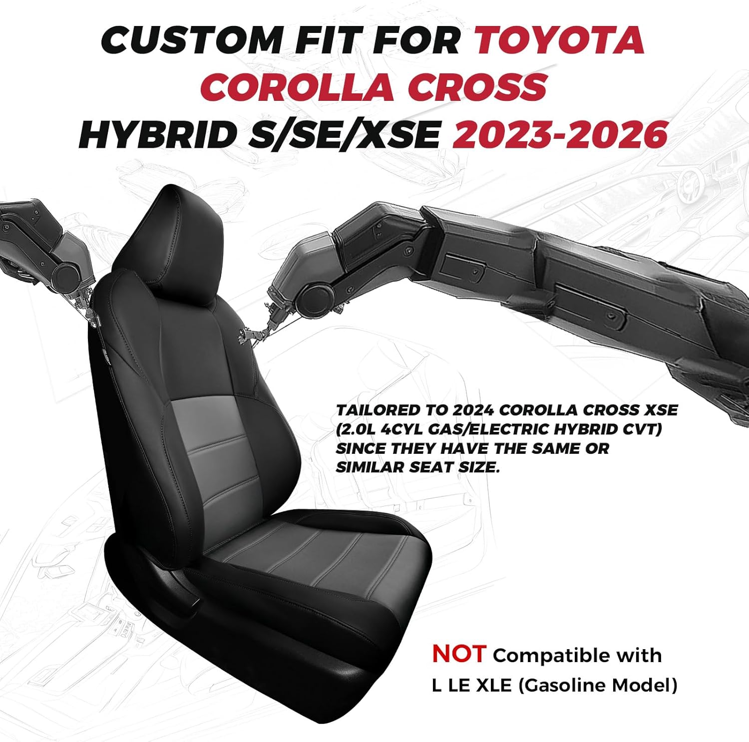 FREESOO for Toyota Corolla Cross Seat Covers S SE XSE 2023 2024 2025 2026, Custom Car Seat Covers Full Set, Leather Seat Covers for SUV, Waterproof Seat Cushions Cover, Black Gray Only for Hybrid Black Gray 2023-2026 S SE XSE(Hybrid Only)