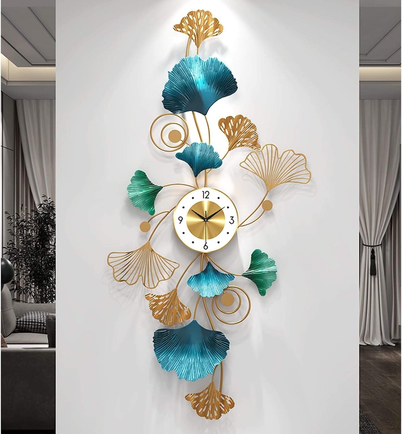 Grande horloge murale ginkgo luxe métal forgé décoration murale raffinée