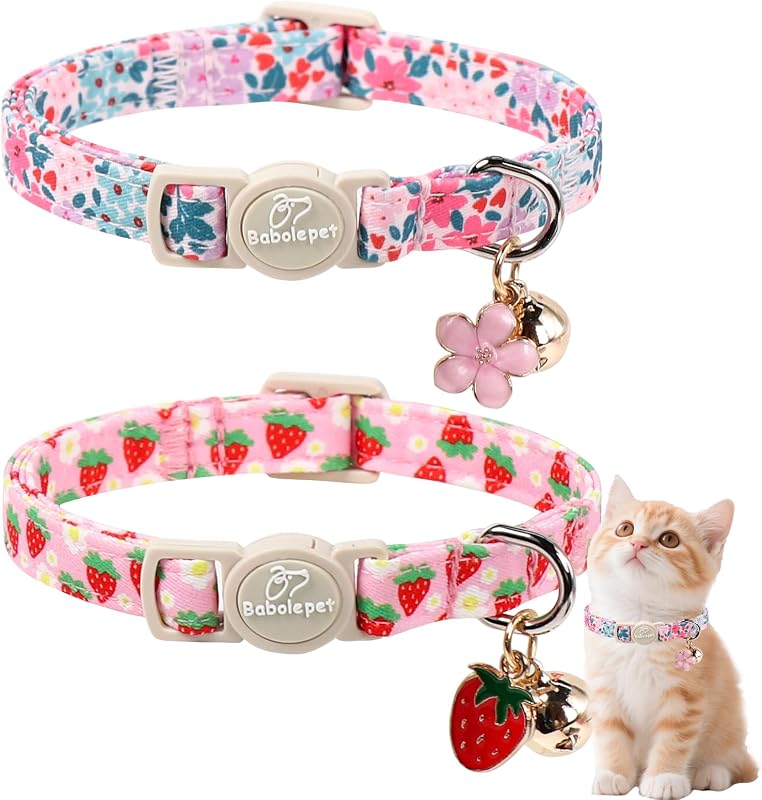 Coleira de Algodão para Gatos com Fecho de Segurança, Sino e Pingente Floral e de Morango Babole Pet, Pacote com 2