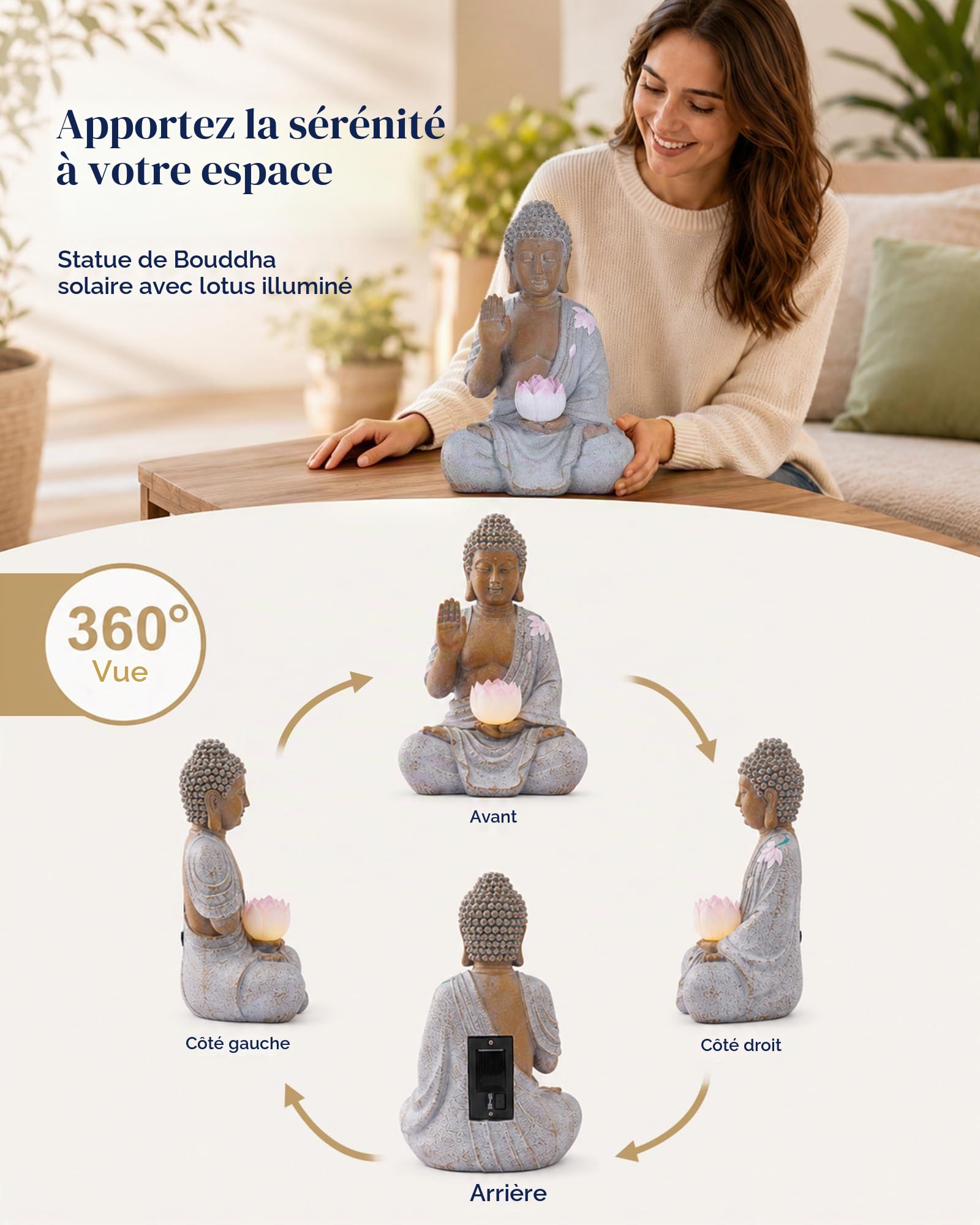 Yeomoo Statue de Bouddha avec LED solaire Lotus Décoration de jardin - Figurine de méditation résistante aux intempéries pour jardin Zen, salon Feng Shui, cadeau spirituel pour femmes, maman, hommes