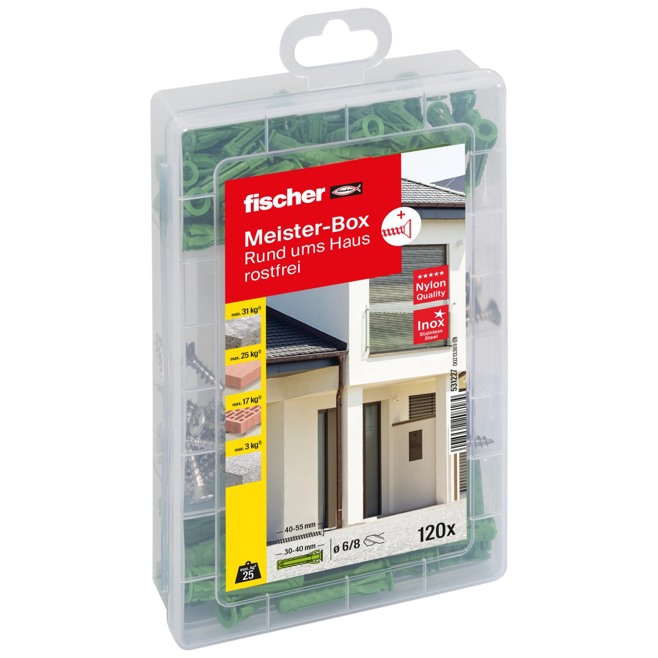 fischer Meister-Box Rund ums Haus rostfrei, 120-teiliges Dübel- und Schraubenset mit passenden Edelstahlschrauben, 6-8 mm Durchmesser, 35-40 mm Länge, für Heimwerker und Profis, GreenLine