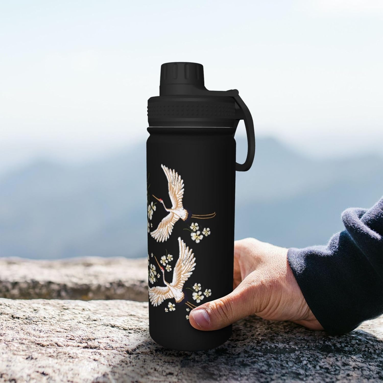 スポーツ水筒 鶴柄 和風 和柄 スポーツボトル ステンレスボトル 魔法瓶 直飲み マグボトル 持ち運び便利 保温保冷 500ml 子