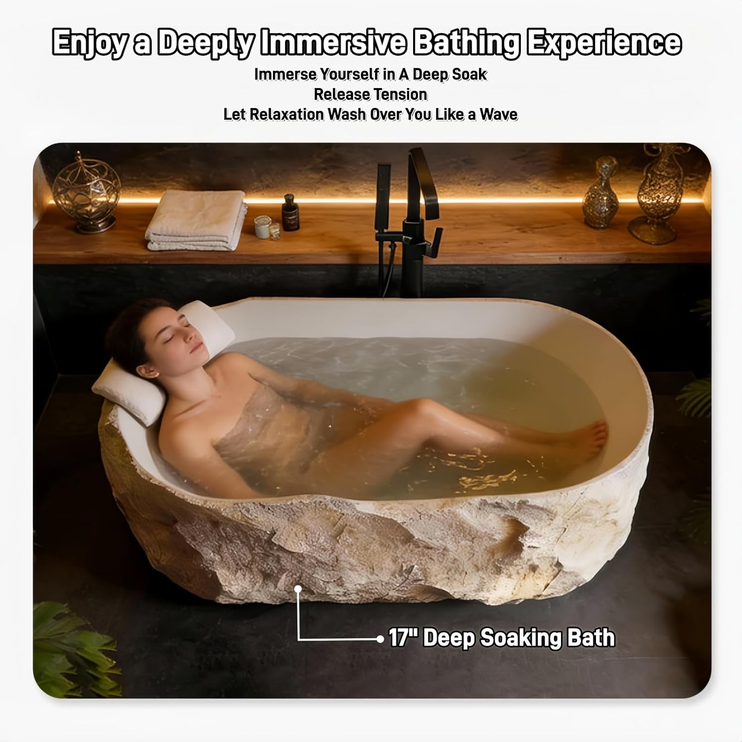 67" Edeyeu Freestanding Bathtub - Solid Surface Soaking Tub, Designer Free Standing Tub with Unique Stone Texture, Deep Soaker Bathtub for Luxury Spa & Home, Beige
