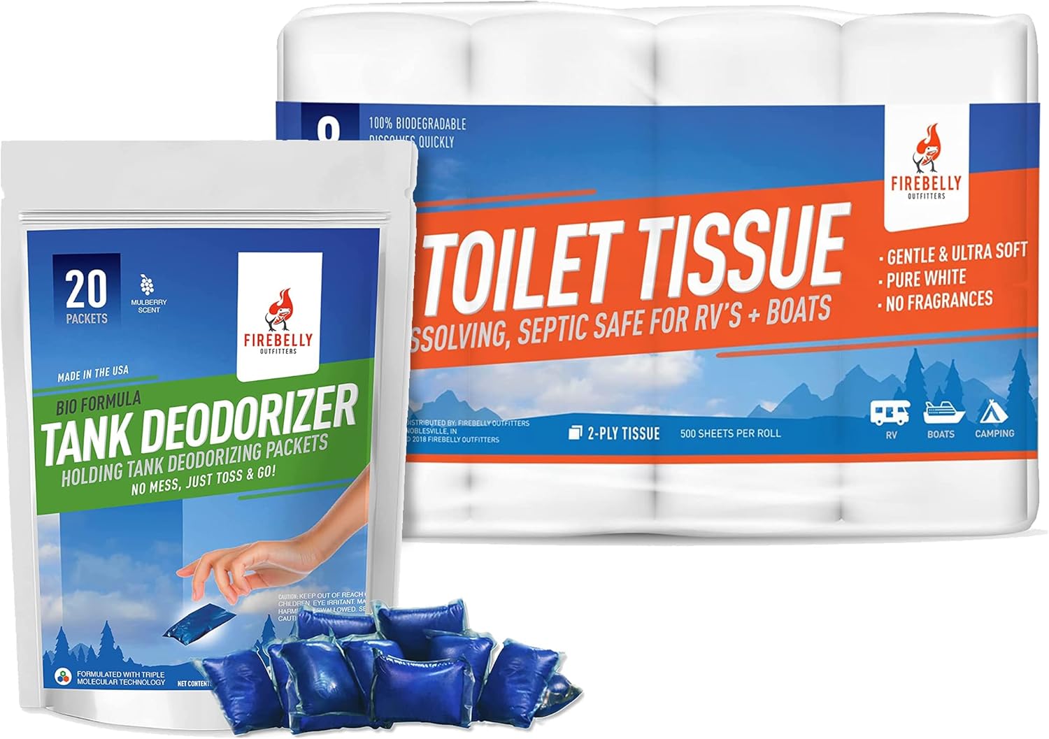 Firebelly Outfitters RV Bundle: Fast Dissolve & Septic-Safe RV Toilet Paper (8 Rolls) & Deodorizer Treatment Pods (20-Pack) - Biodegradable, Holding Tank Cleaner & Tissue for Camping, Marine & Travel