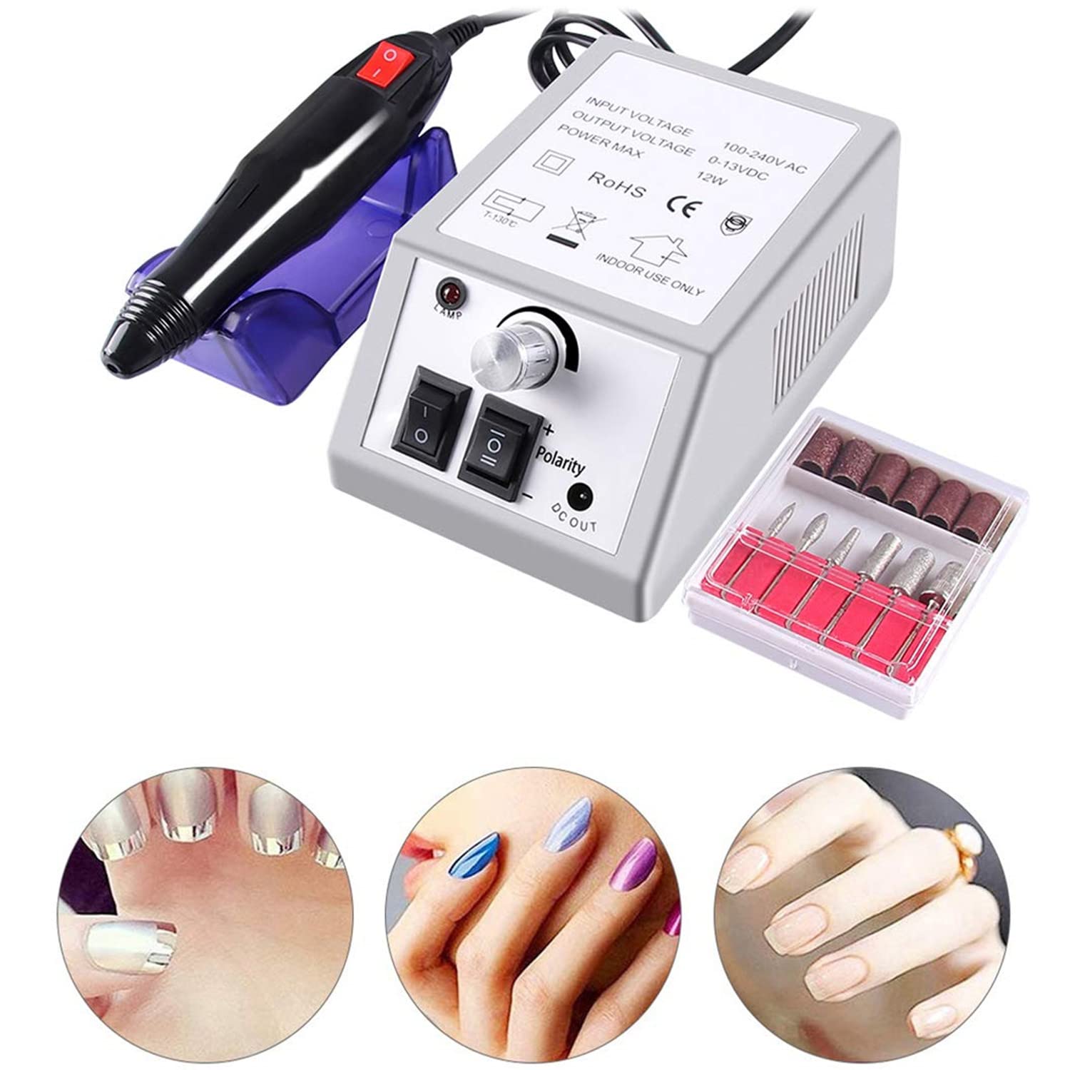 eWINNER Professional Electric Nail Art Salon Drill Glazing Machine Manicure Pedicure Kit w/6 Pieces Changeable Drills &Sand Bands for Exfoliating Grinding Polishing Acrylic Nail Tools (Black)
