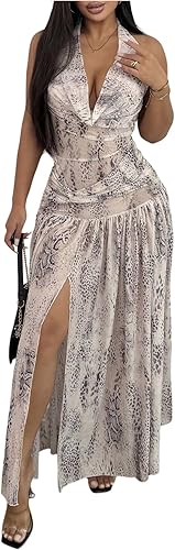 OYOANGLE Women's Printed Sleeveless Halter Ruffle Maxi Dress Cowl Neck Ruched Bo