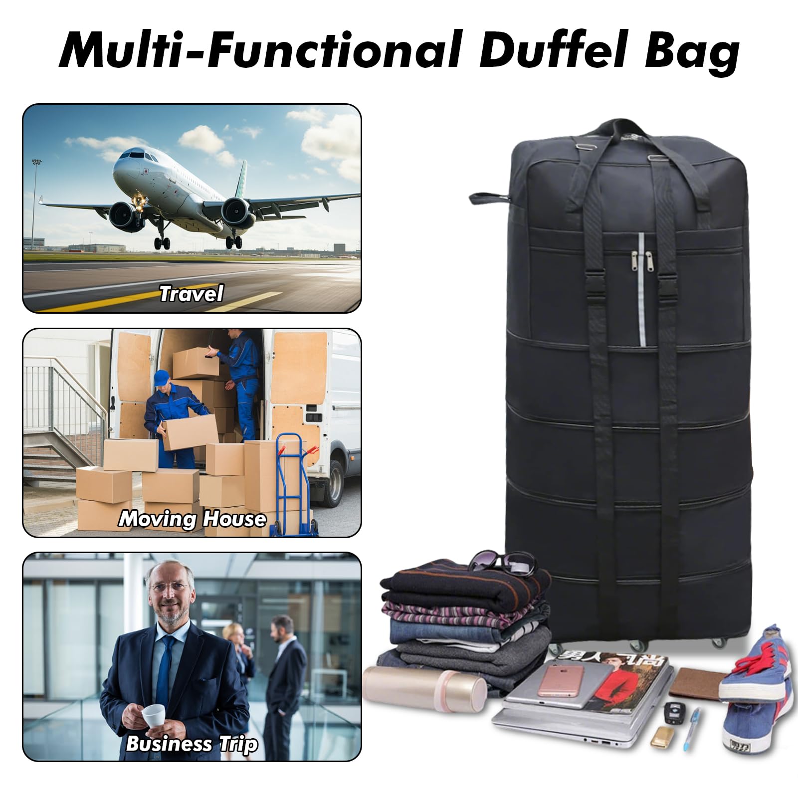 Sac de Voyage Pliable à roulettes, 110cm Extensible Sac Voyage Grande Taille avec roulettes et Bandoulière, Rangement pour Homme Femme 110 x 52 x 30 cm