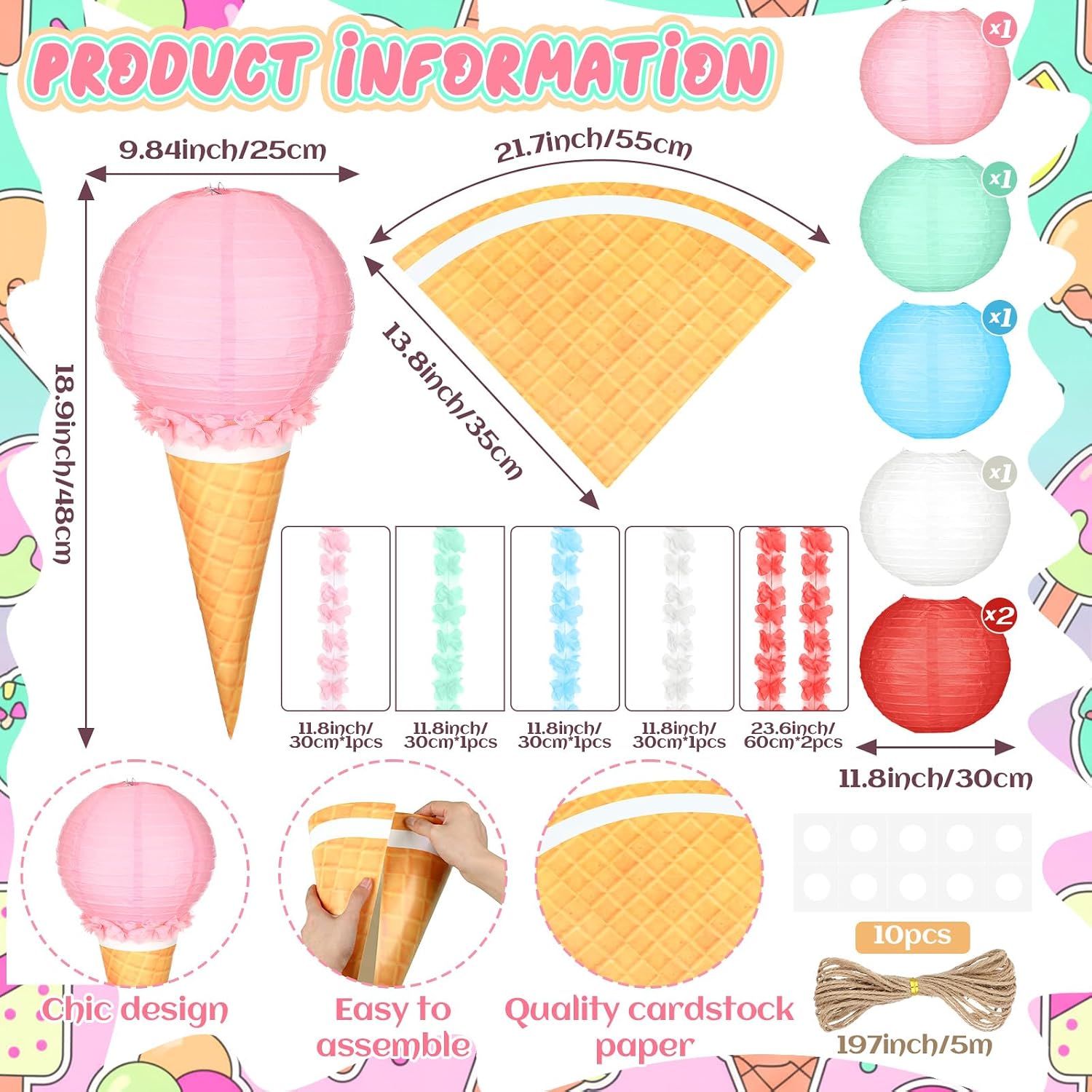 6 Set Large Ice Cream Decoration Ice Cream Paper Lantern Centerpieces for Tables Party Supplies Hanging Ceiling Sign for Summer Theme Birthday Baby Shower Bridal Shower Party Favor