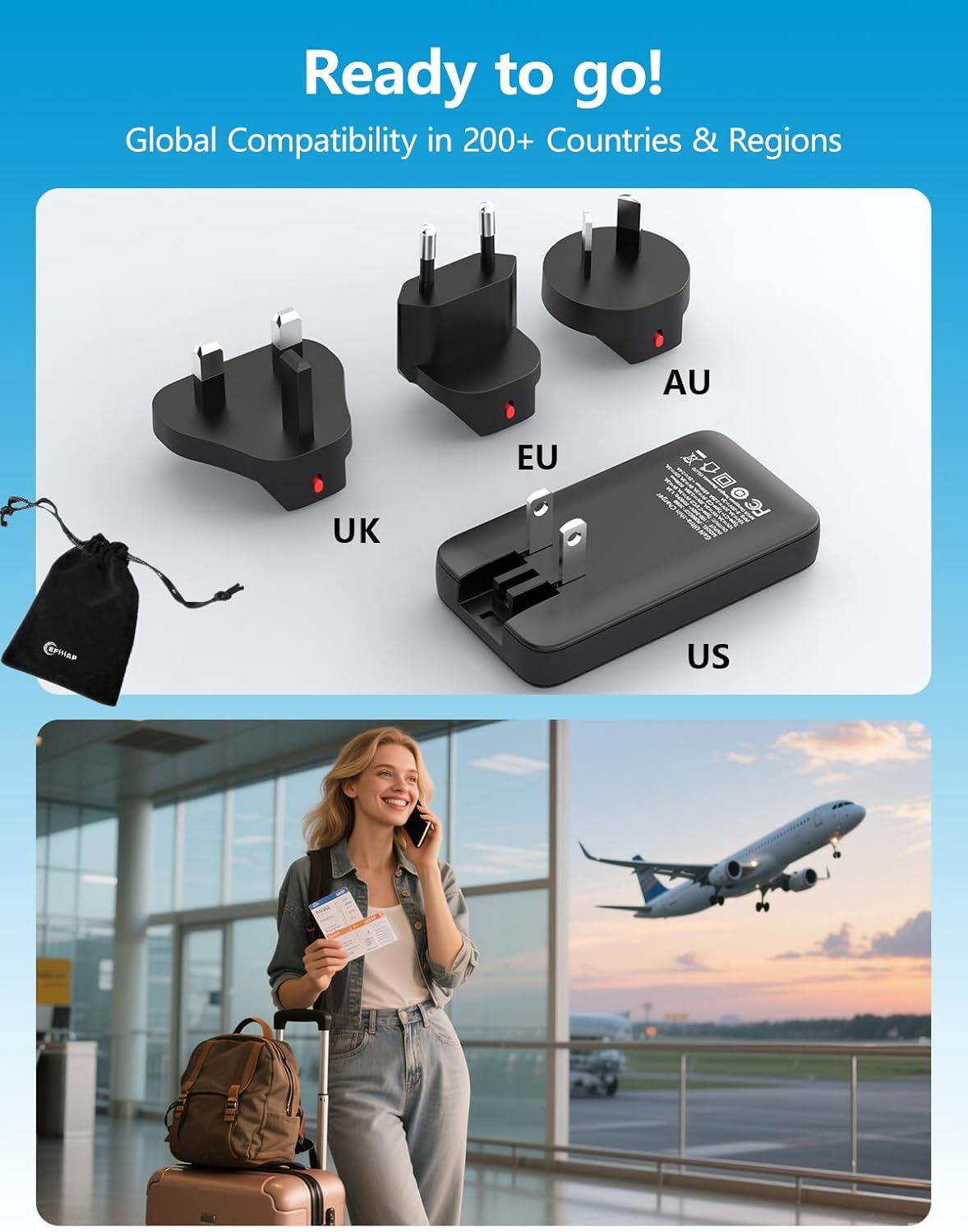 65W USB C International Charger Block, Foldable Compact Travel Essentials Charger with US/UK/EU/AU Plug Adapters for iPhone 17/16, MacBook, Galaxy S25/S24/S23, Converter for European Travel