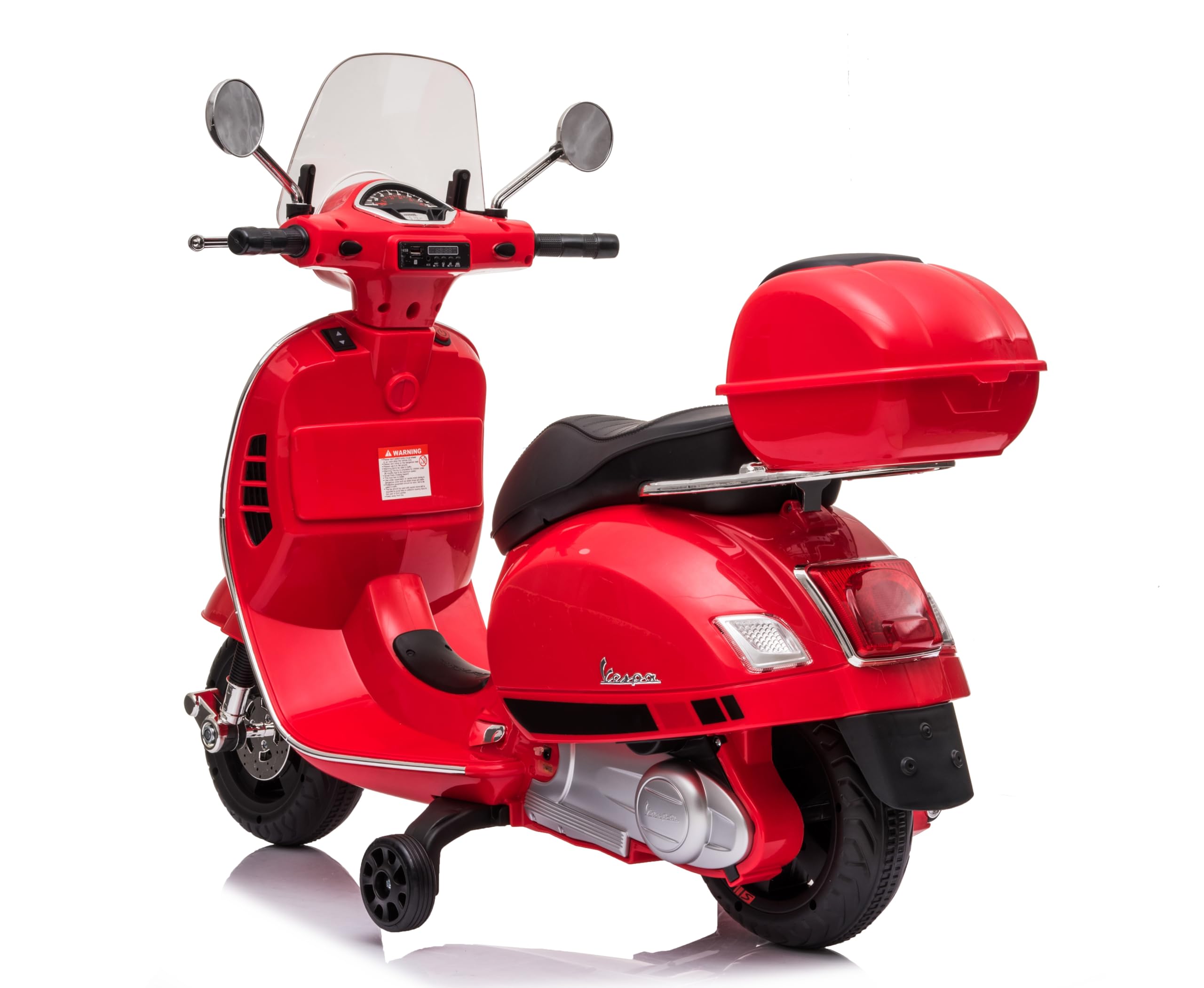 Mondial Toys Moto Elettrica per Bambini 12V con Licenza Ufficiale Vespa Piaggio – Modello GTS Super, Luci LED, MP3, Sedile in Pelle, Bauletto – Rosso