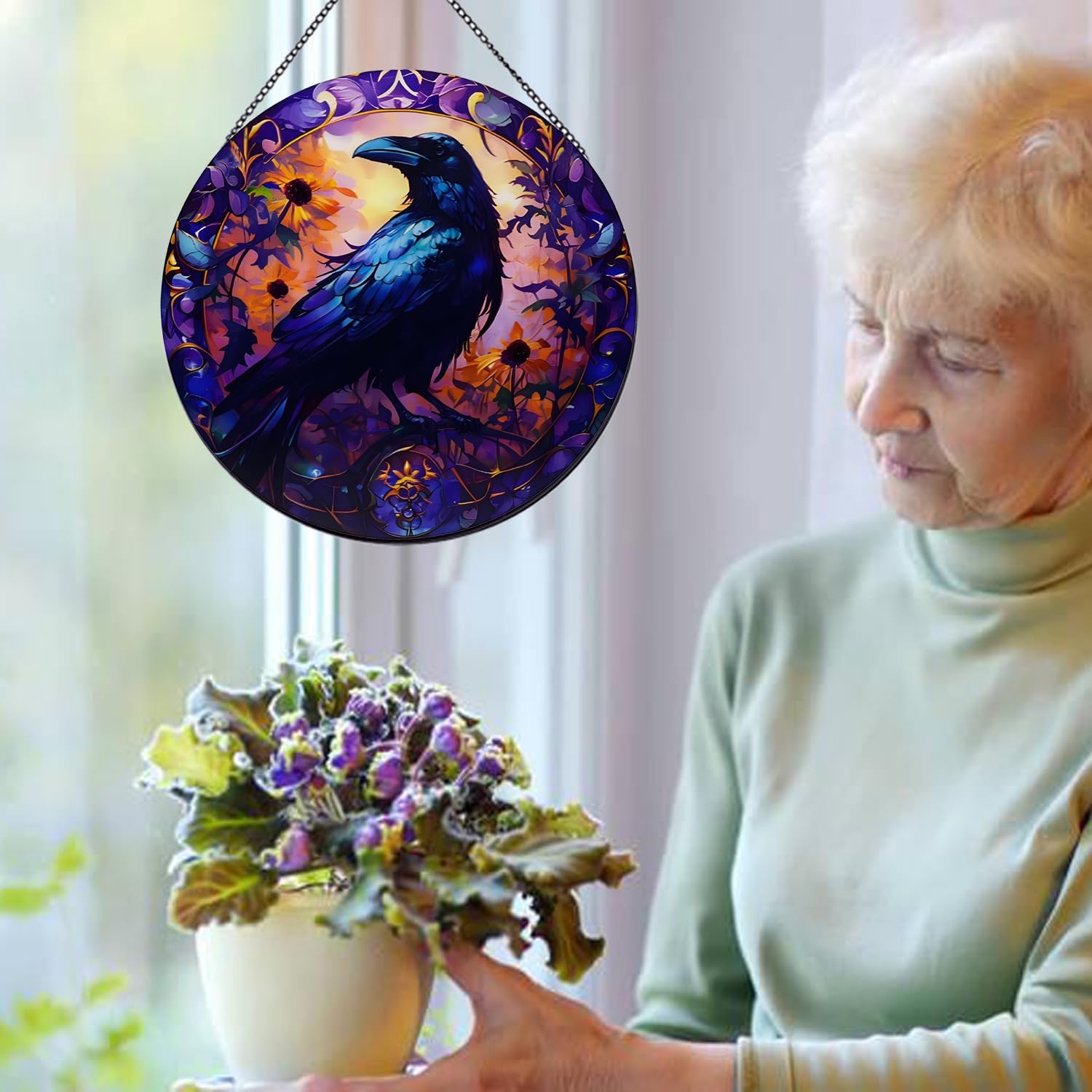 Crow Suncatcher Stained Glass,Halloween Hanging Stained Glass for Windows for Bird Lovers,20cm/7.87inch Hand-Painted Sun Catcher Garden Hangings Thanksgiving Fall Christmas Festival Gift - Image 5