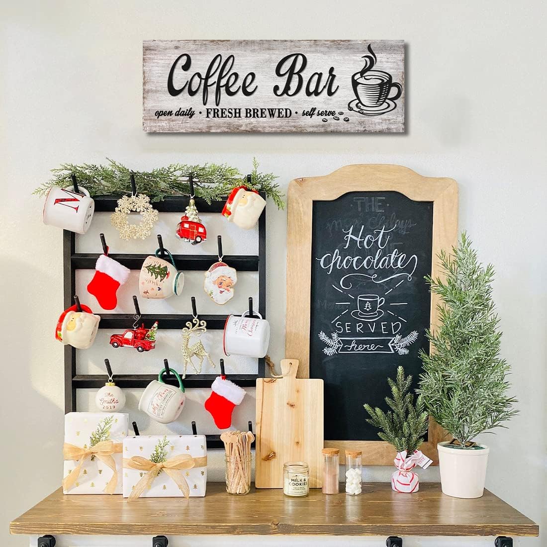 Rustic Wood Grain Coffee Station Decor - Retro Coffee Bar Signs for Kitchen - Self Serve Fresh Brewed Open Daily, Large