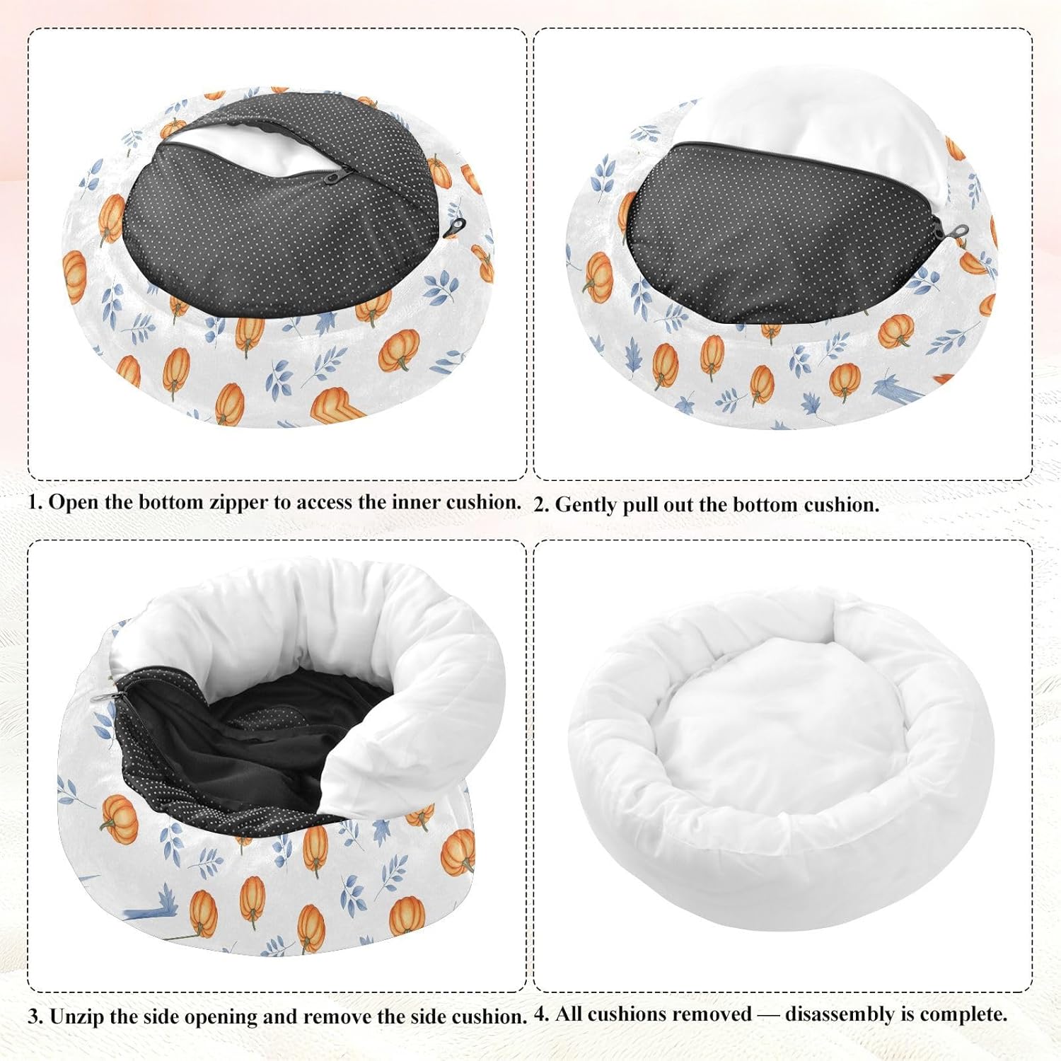 Fall Pumpkins White Leaves Pattern Dog Bed Round Donut Washable Puppy Cat Bed Small Pet Medium Dog Beds Mat for Small Medium Dogs Cats Indoor,M