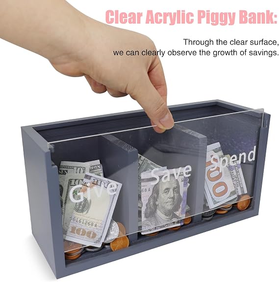 Spend Save Give Piggy Bank for Kids, Money Coin Savings Piggy Bank Jar Box for Kids Child Safe Money Saver, Teach Children About Giving & Saving Money Piggy Box for Childrens Boys Girls, Blue