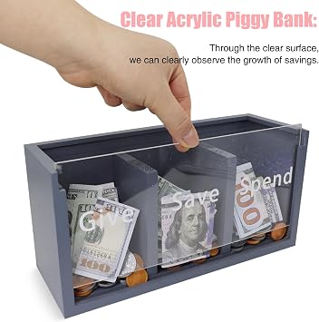 Spend Save Give Piggy Bank for Kids, Money Coin Savings Piggy Bank Jar Box for Kids Child Safe Money Saver, Teach Children About Giving & Saving Money Piggy Box for Childrens Boys Girls, Blue
