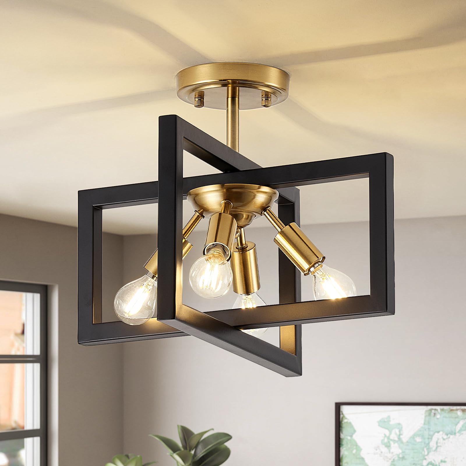 LWYTJO Black Ceiling Light, 4-Light Industrial Living Room Lights Ceiling, Semi Flush Ceiling Lights Hallway, Black and Gold Chandeliers Ceiling Light for Kitchen, Bedroom, Dining Room, Lounge — image 1
