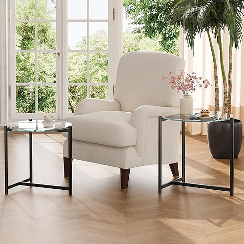 Miniatura 4 de Mesa auxiliar redonda de vidrio de 16 pulgadas, parte superior de vidrio transparente templado con marco de metal negro resistente, mesa auxiliar