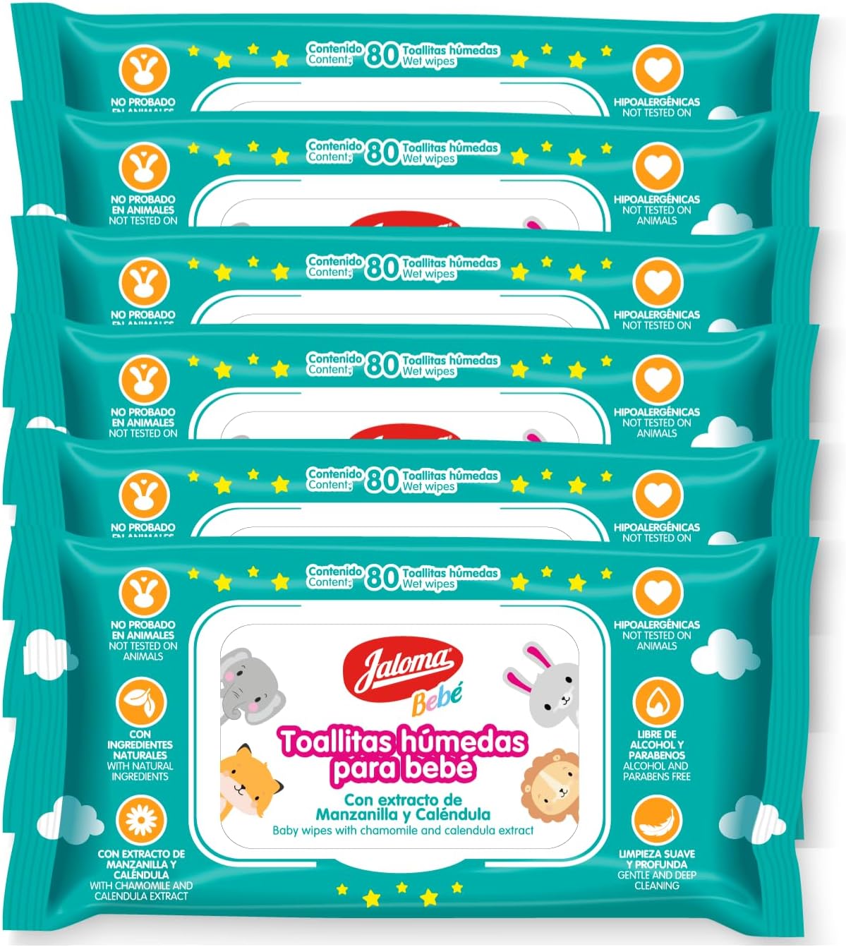 JALOMA Baby Wipes with Chamomile and Calendula Extract, Hypoallergenic and Paraben Free, 6-Pack, 80 Ct Each