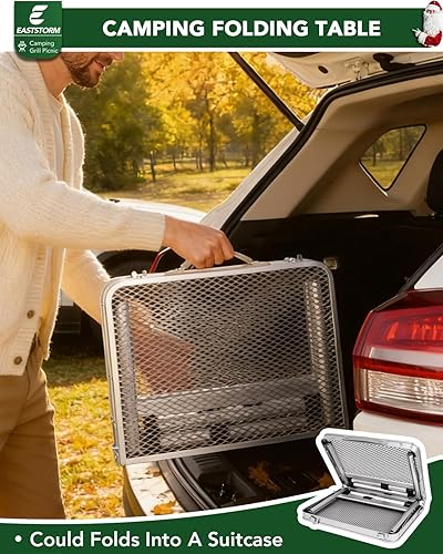 Miniatura 6 de Mesa plegable pequeña de 2 pies con asa de transporte, altura ajustable de 10.6" o 22", malla de metal plateado, portátil y compacta