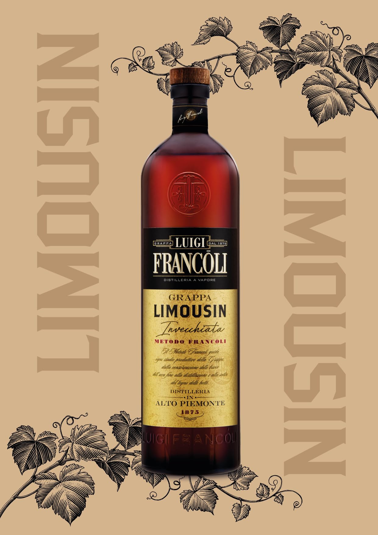 Luigi Francoli - Grappa Limousin 700ml - Grappa da Vitigni Piemontesi Distillazione Ecosostenibile Vinacce Nebbiolo, Dolcetto e Moscato - 42.5% vol.