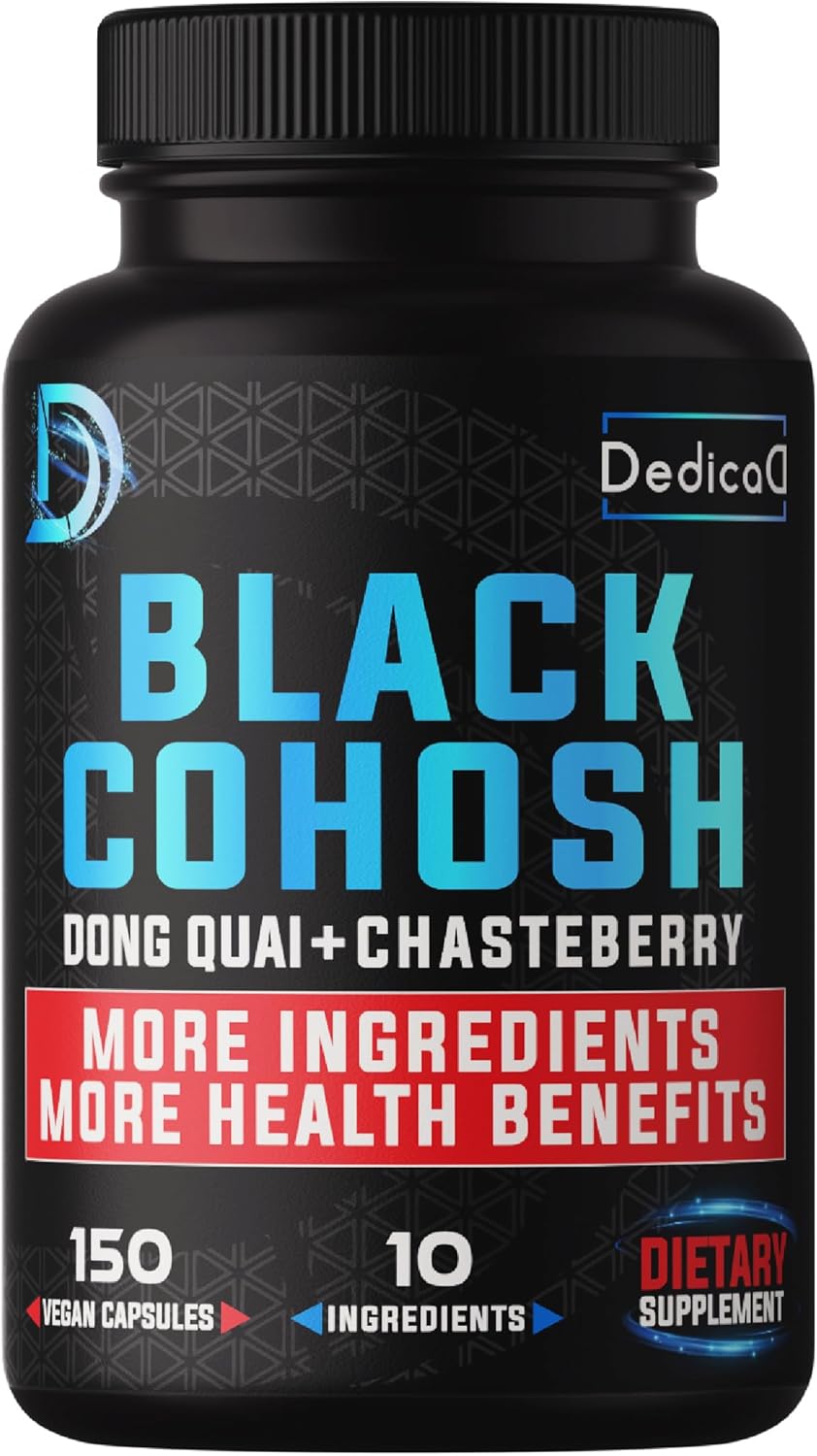 DEDICAD 12in1 Black Cohosh 5-Month Supply for Menopause Support Supplement with Dong Quai, Chasteberry, Red Raspberry, Licorice, Wild Yam & More - 150 Capsules