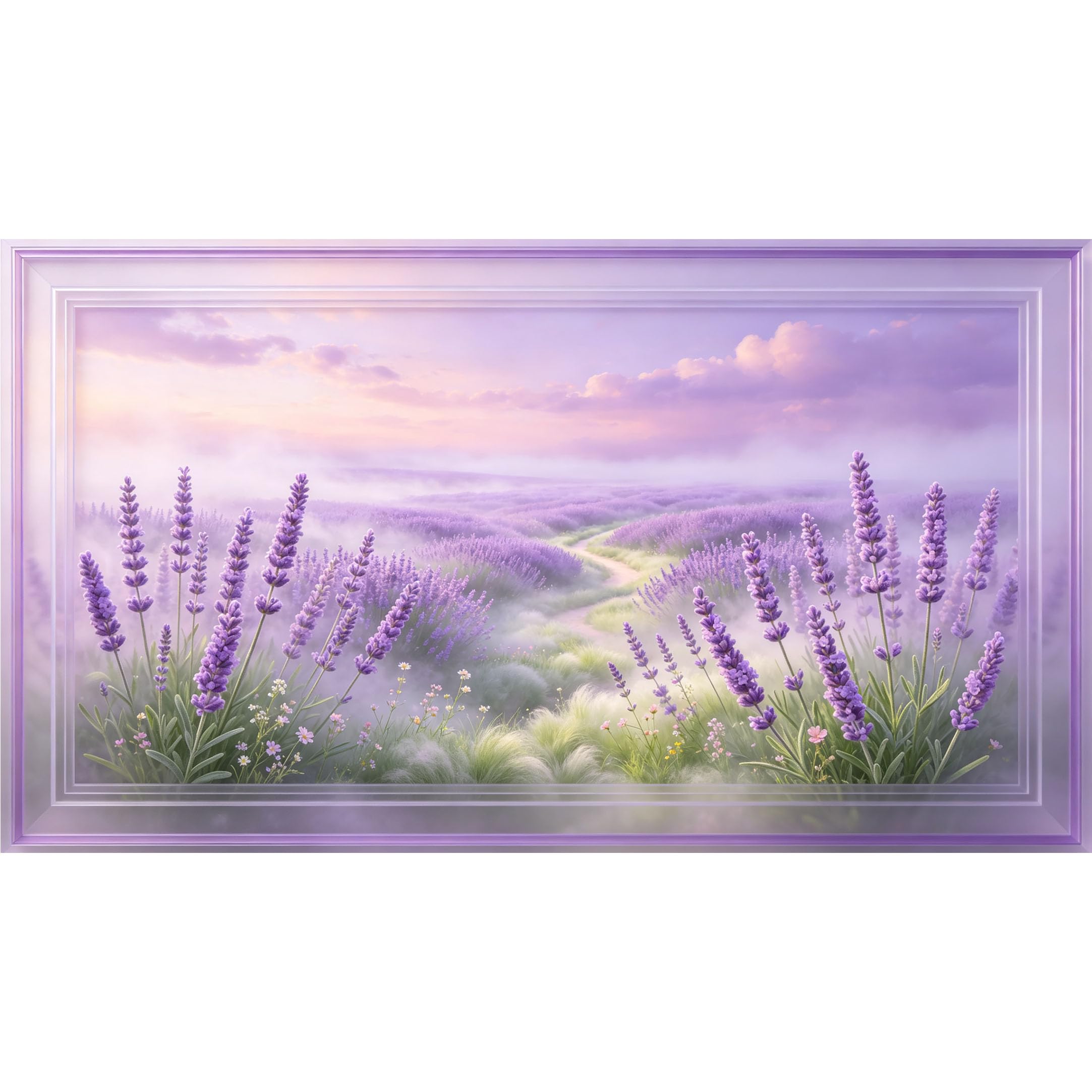 QZLITHOTIC 50x90cm3D Framed Wall Art， Lavender Field Landscape Botanical Self‑Adhesive Mural， Water‑Activated Peel & Stick Fabric Decor Wall Decal for Bedroom Living Room