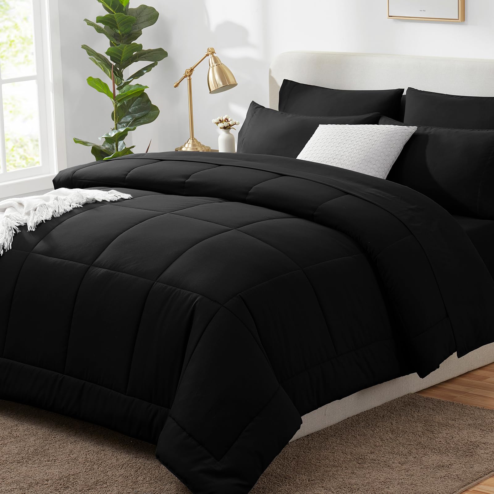 CozyLux Queen Comforter Set Black, 7 Pieces Bed in a Bag, Black Comforter Queen Size, All Season Bedding Sets with Stitch Quilted Comforter, Flat Sheet, Fitted Sheet, PillowcasesCozyLux Queen Comforter Set Black, 7 Pieces Bed in…