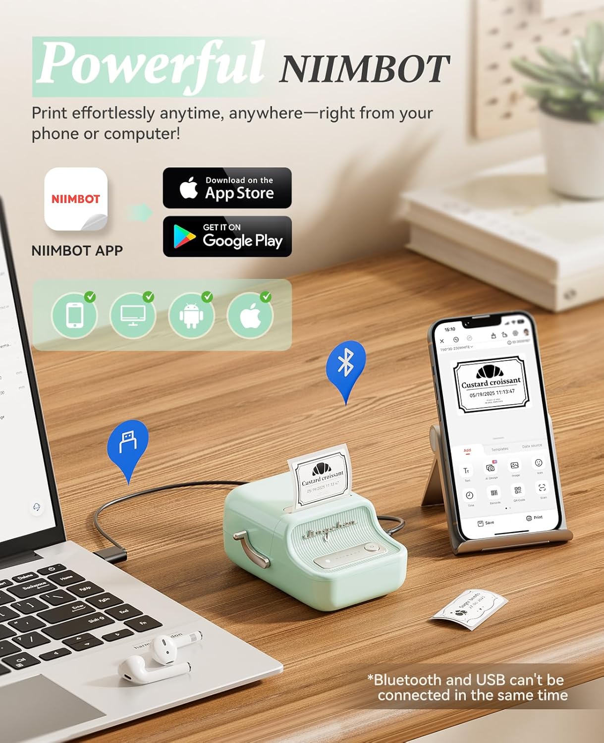 NIIMBOT B21 Label Printer,Bluetooth Thermal Label Maker,Ideal for Home Organization,Business,Ofice,50x30mm Labels(Mint Green)