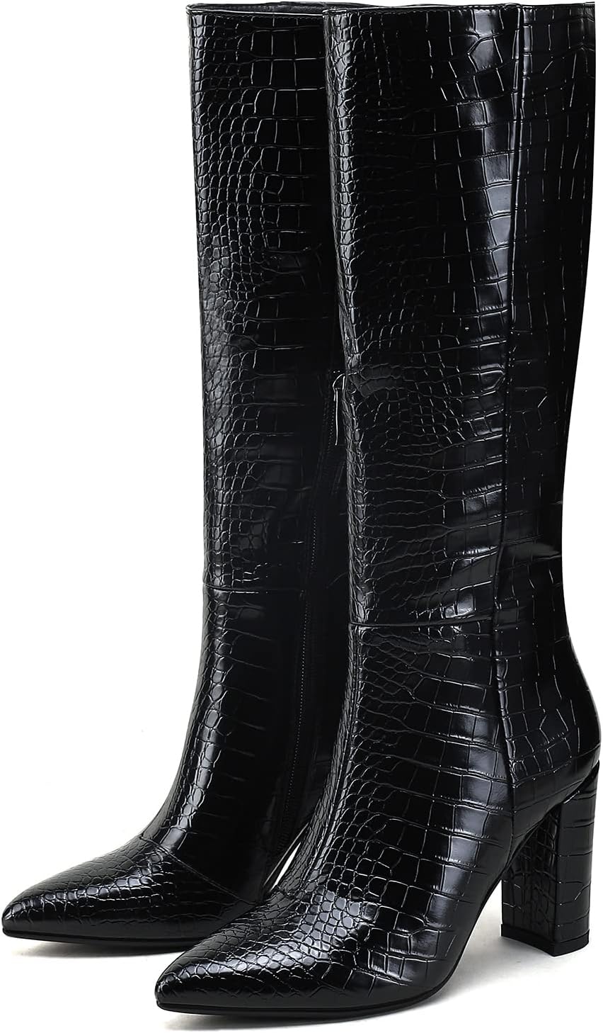 Modatope Knee High Women's Riding Boots - Tall, Long Calf High GoGo Chunky Faux Crocodile Boots - Block Heel Pointed Toe - Size 6-11 - Image 6