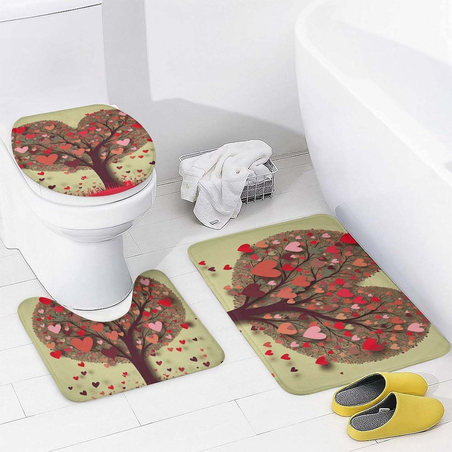 Heart Tree Shower Curtain Set 4 Piece, Non-Slip Bath Mat with Toilet Lid Cover and Waterproof Shower Curtain with 12 Hooks, Complete Bathroom Set for Home Decor