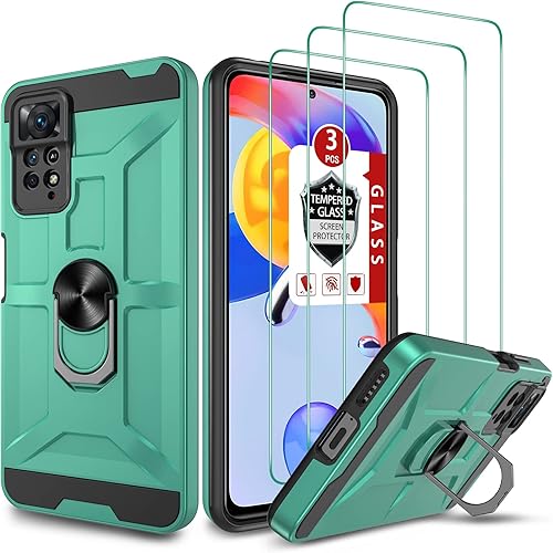 Redmi Note 11 Pro - Funda para Redmi Note 11 Pro 5G con 3 protectores de pantalla de vidrio templado, soporte de anillo integrado y soporte