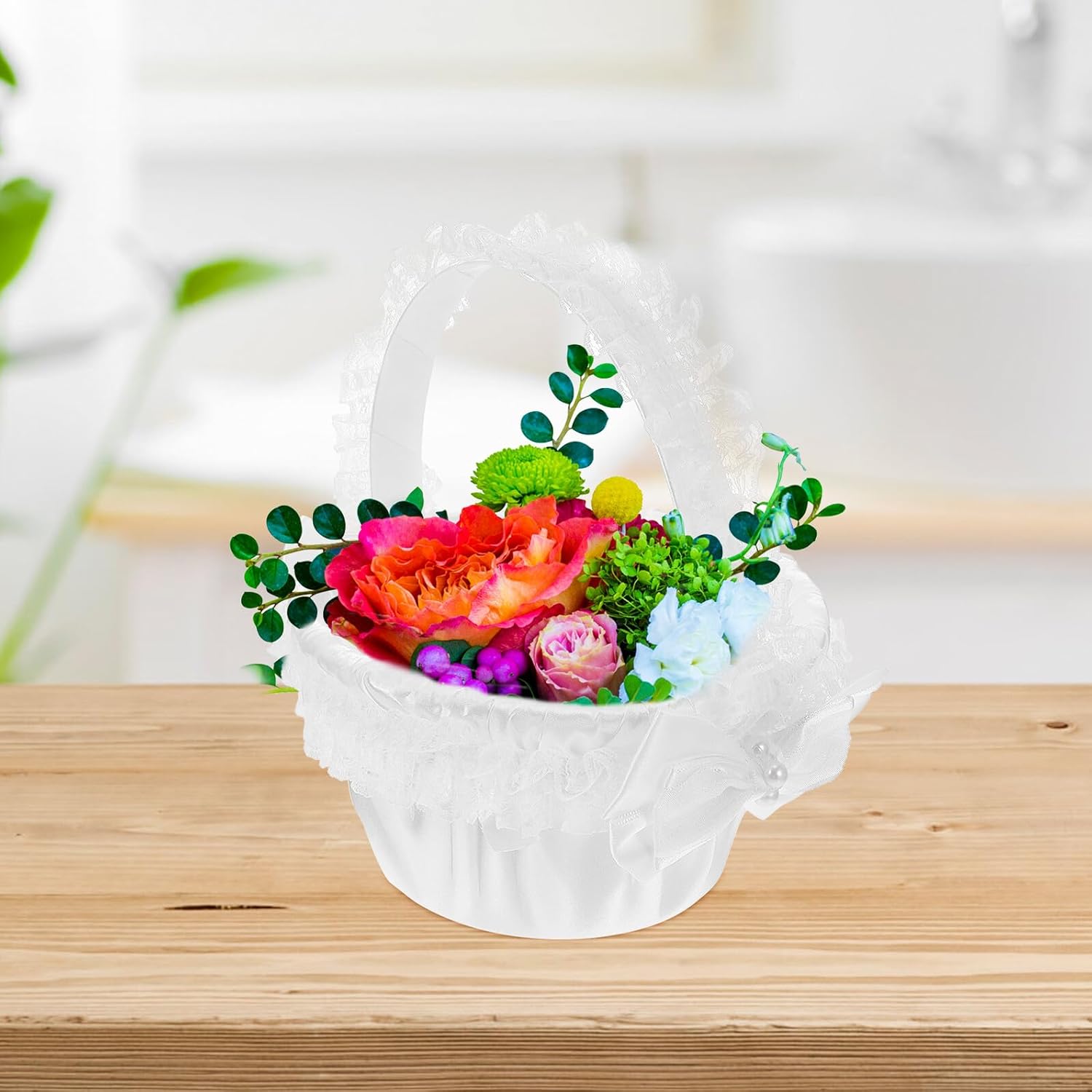 VALICLUD Wedding Flower Girl Basket with Handle, Handwoven Wicker Lace Basket for Wedding Ceremony, Flower Petal Holder for Bridal Party Supplies