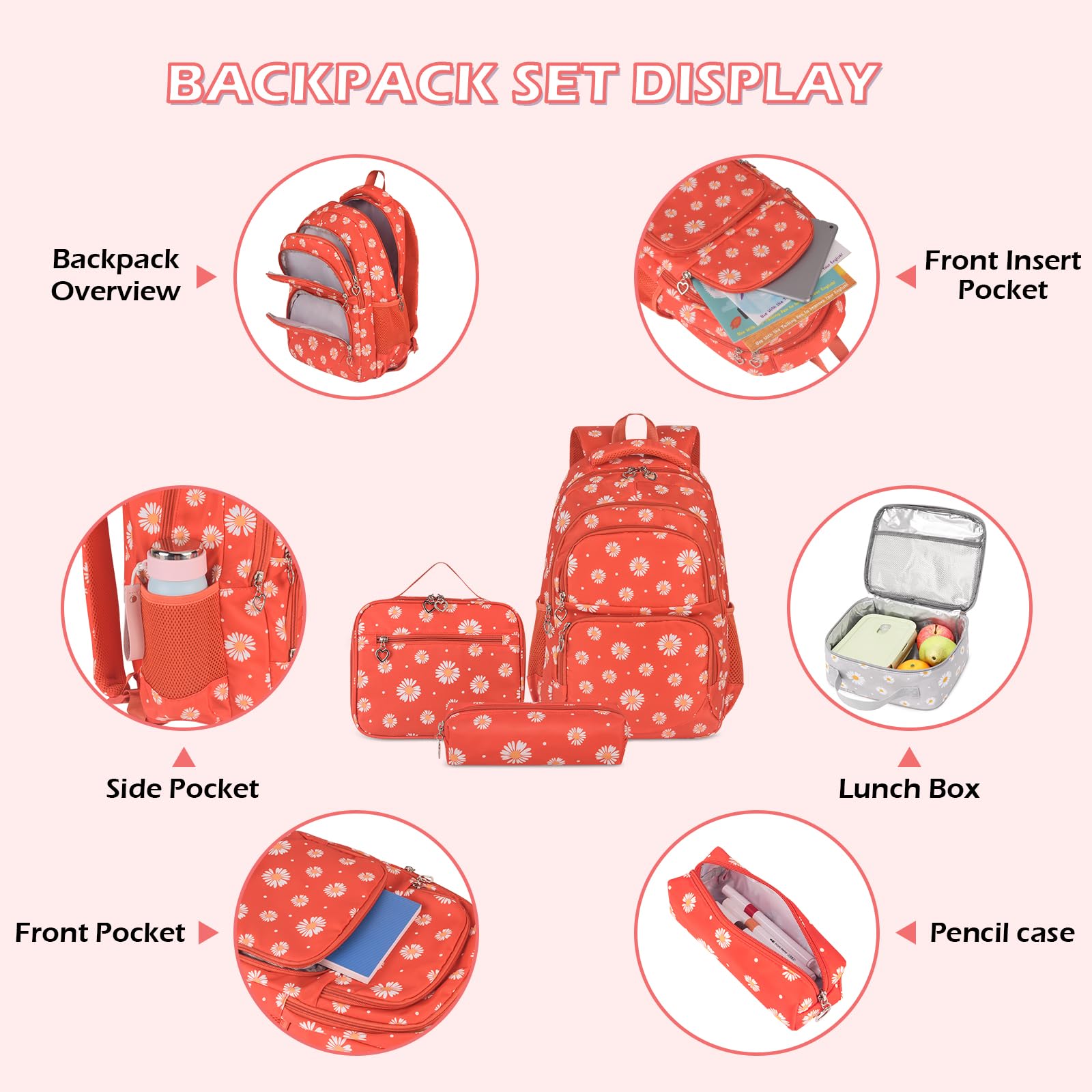 SIVENKE Set di zaino per la scuola con stampa di margherite, con borsa per il pranzo, astuccio, 3 pezzi, borse per la scuola per adolescenti, ragazze, ragazzi, scuola elementare, media, resistente