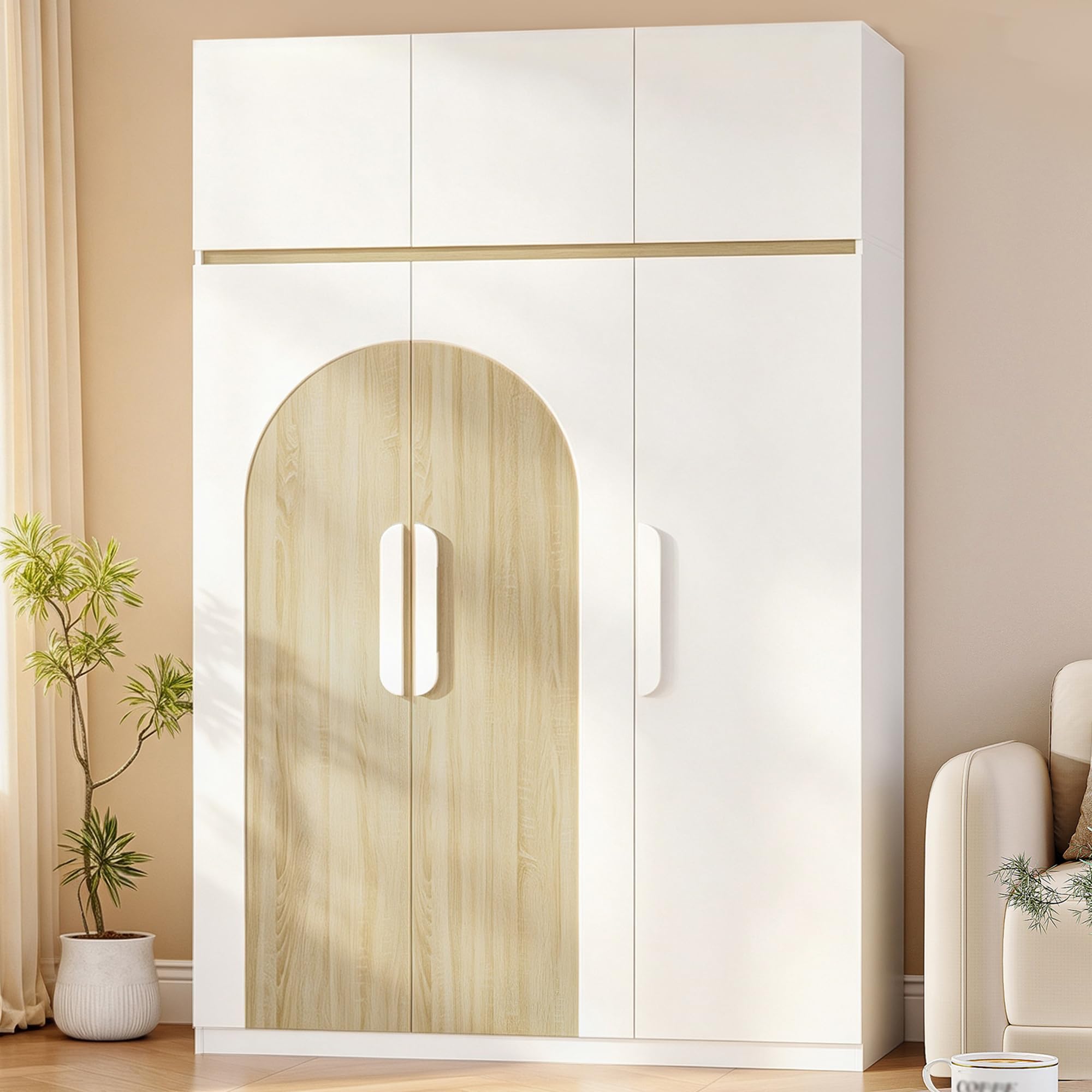 Hzuaneri Armadio 50 X 120 X 180 Cm, Armadio a Sei Ante con 3 Scomparti di Stoccaggio E Ganci, Ripiani Regolabili, Adatto Per Camera da Letto, Colore Bianco con Finitura Effetto Legno Naturale,BW10003E