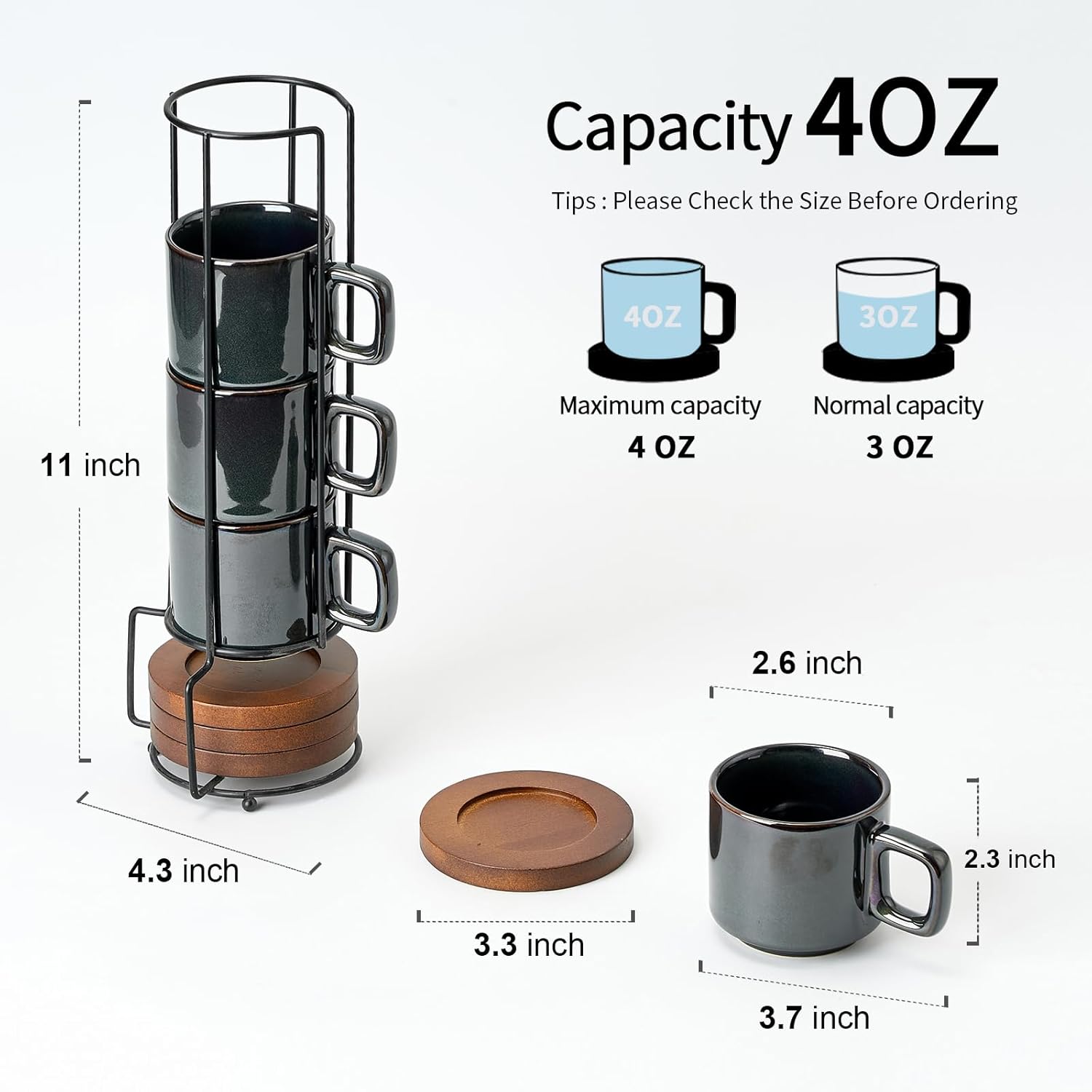 LUKA Porcelain Stackable Espresso Cups with Saucers and Metal Stand, 4 Ounce Small Ceramic Demitasse Cups Set for Latte, Specialty Coffee Drinks, Cafe Mocha,Tea - Set of 4, Reactive Dark Green - Image 3