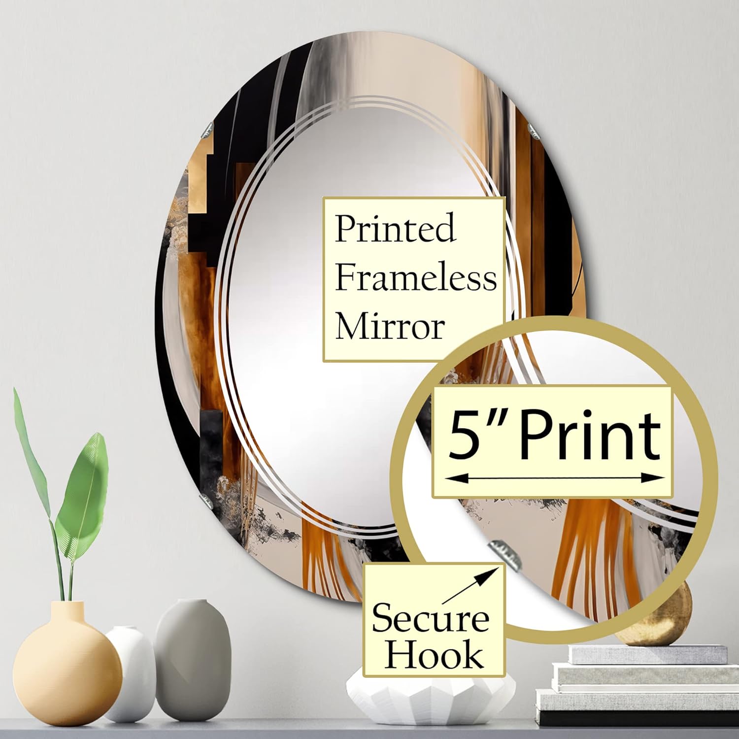 Abstract wall mirror, Oval Modern mirror, Round Black bathroom mirror, Abstract vanity mirror Art Deco with a Golden Touch IV printed mirror decor, oval mirror 20x30