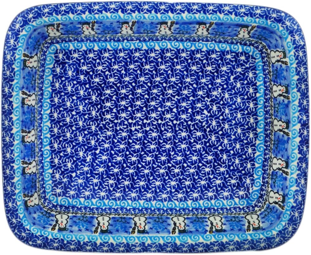 Polmedia Polish Pottery Rectangular Baker UNIKAT - Snowmen Circle Pattern Handmade in Boleslawiec Poland by Ceramika Artystyczna + Certificate of Authenticity