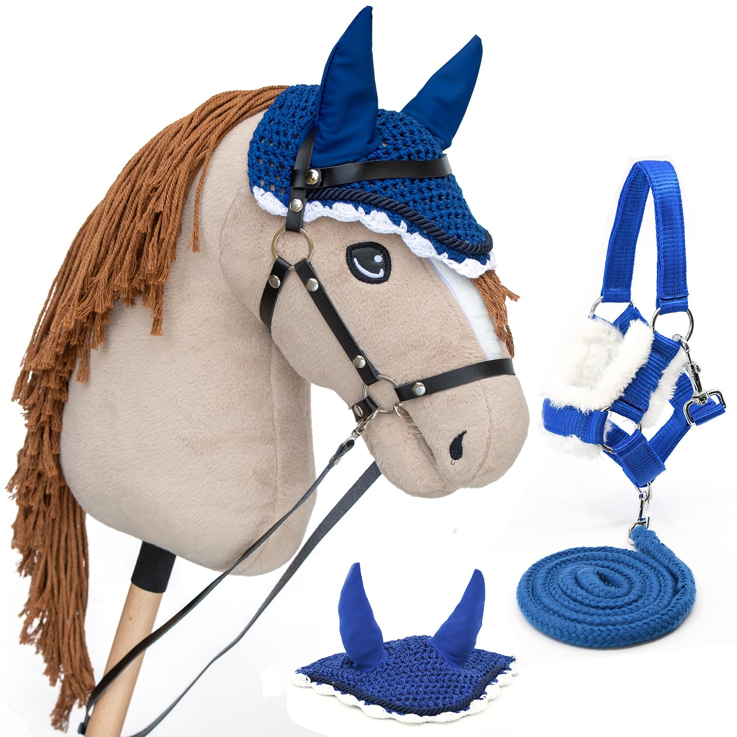 Hobby Horse Beige A3, Pferd, komplett mit Netz, Gebiss, Zügel, Halfter und blauer Insektenmütze, Pferdekopf, Stab für Hobby Horsing Kinder und Jugendliche
