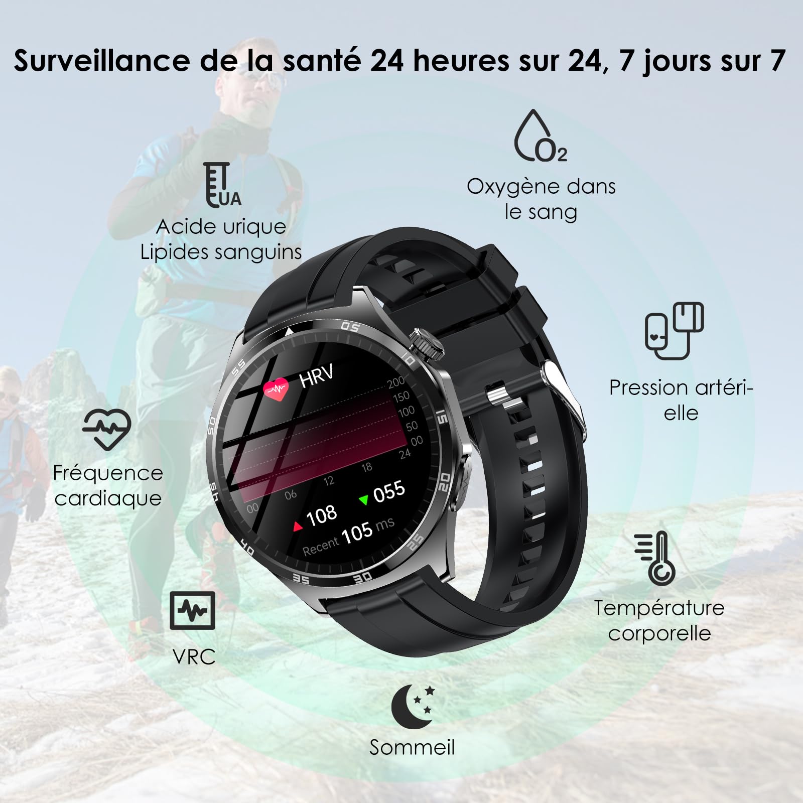 Montre Connectée Homme avec ECG/Sommeil/Tension Artérielle/Modes Sportifs | 1,43" Smartwatch Santé,Montre Sport,24H Fréquence Cardiaque/SPO2/Température Corporelle,Appel Bluetooth/SOS,Pour Android/iOS