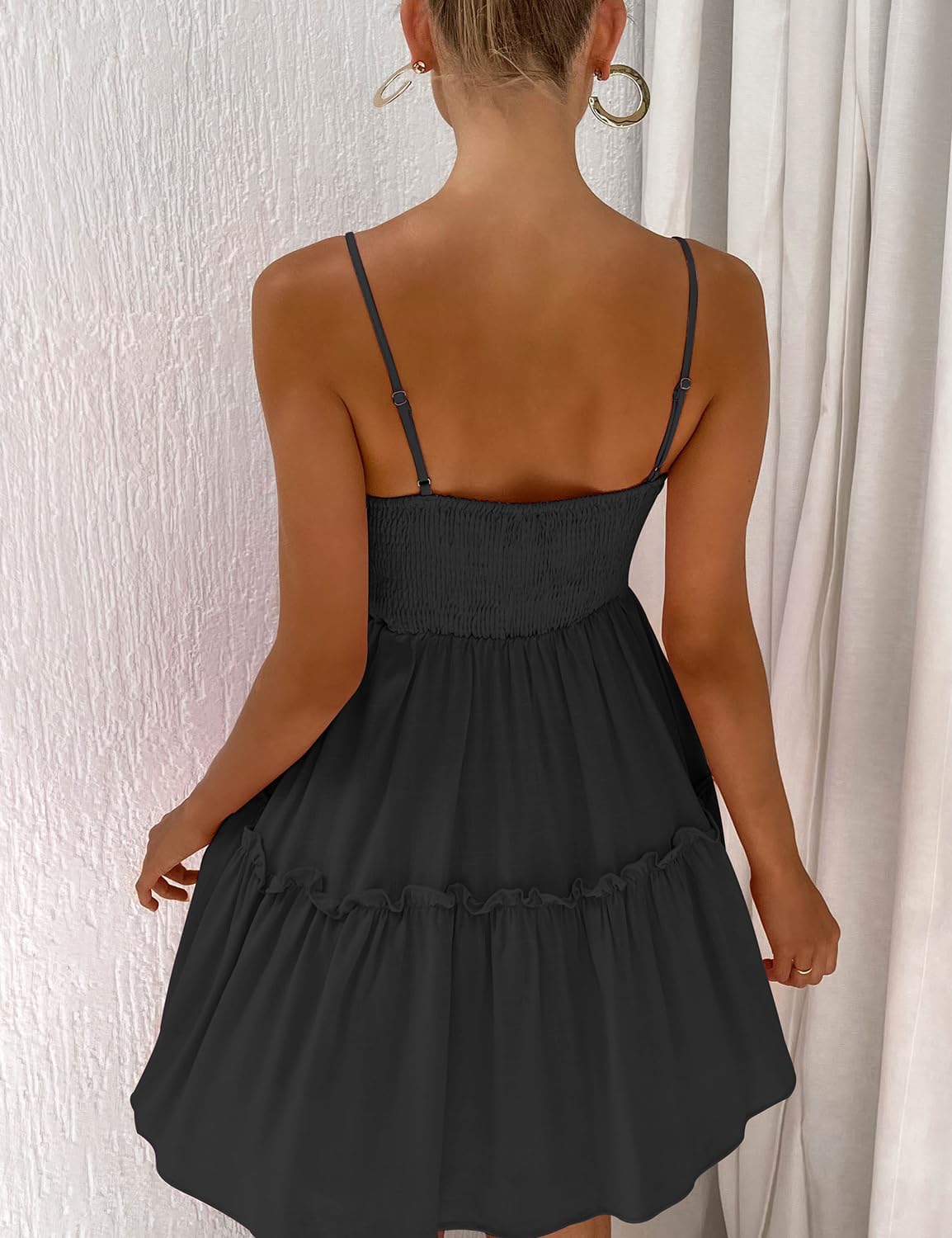 FANCYINN Women's Summer V Neck Casual Swing Short Dress Spaghetti Strap Tiered Backless Dresses with Pockets - Image 4