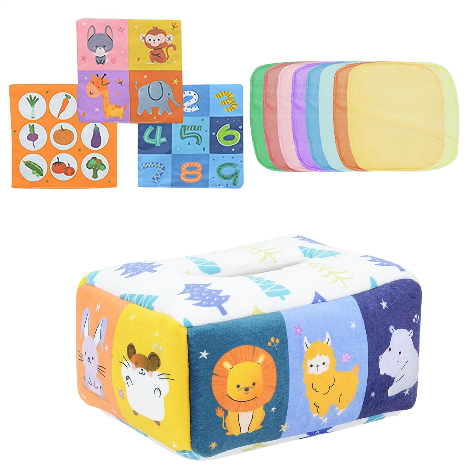 Baby Tissue Box Toy - Montesori Learning Toys, Soft Sensory Play | 6.89 * 4.92 * 3.74IN Early Development Game Gift, Educational Pulling Box, Interactive with Music and Crinkle Sounds