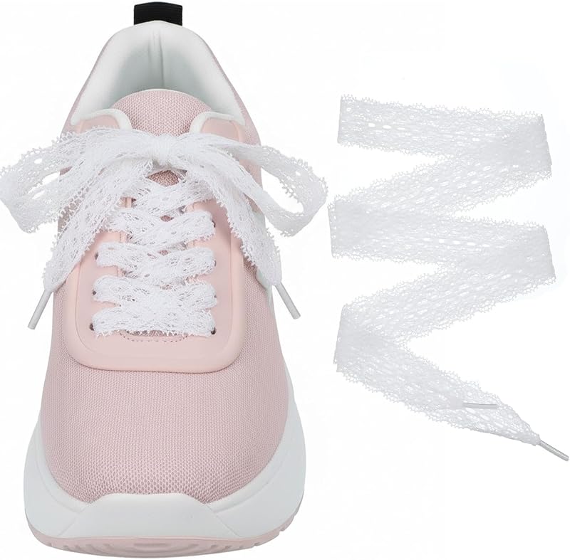 Thinp Lot de 2 paires de lacets en dentelle blanche - Largeur : 3 cm - Dentelle plate - Pour femme - Chaussures de sport - Chaussures de course - Blanc - 140 cm