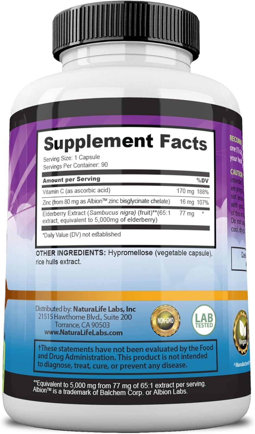 NaturaLife Labs Sambucus Elderberry 5,000 mg Equivalent (65:1 Extract) with Vitamin C & Zinc - 90 Capsules - Vegan, Gluten Free, Non-GMO - Image 5