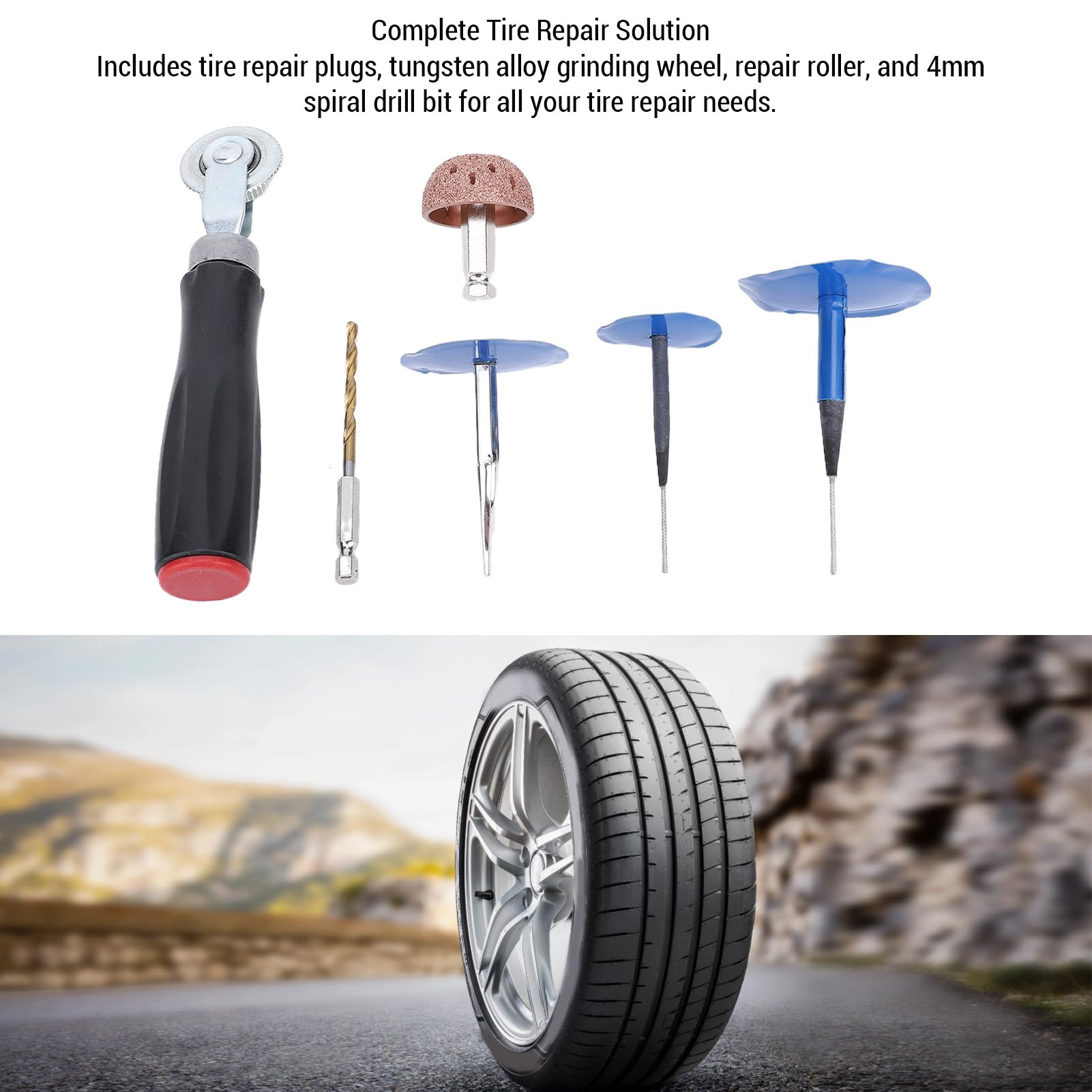 Reifen-Reparatur-Patch-Stecker-Set, Premium-Reifen-Reparatur-Patch-Werkzeug mit Polierscheibe und 4-mm-Bohrer für Fahrräder, Roller, ABS-Metall, 27-teilig