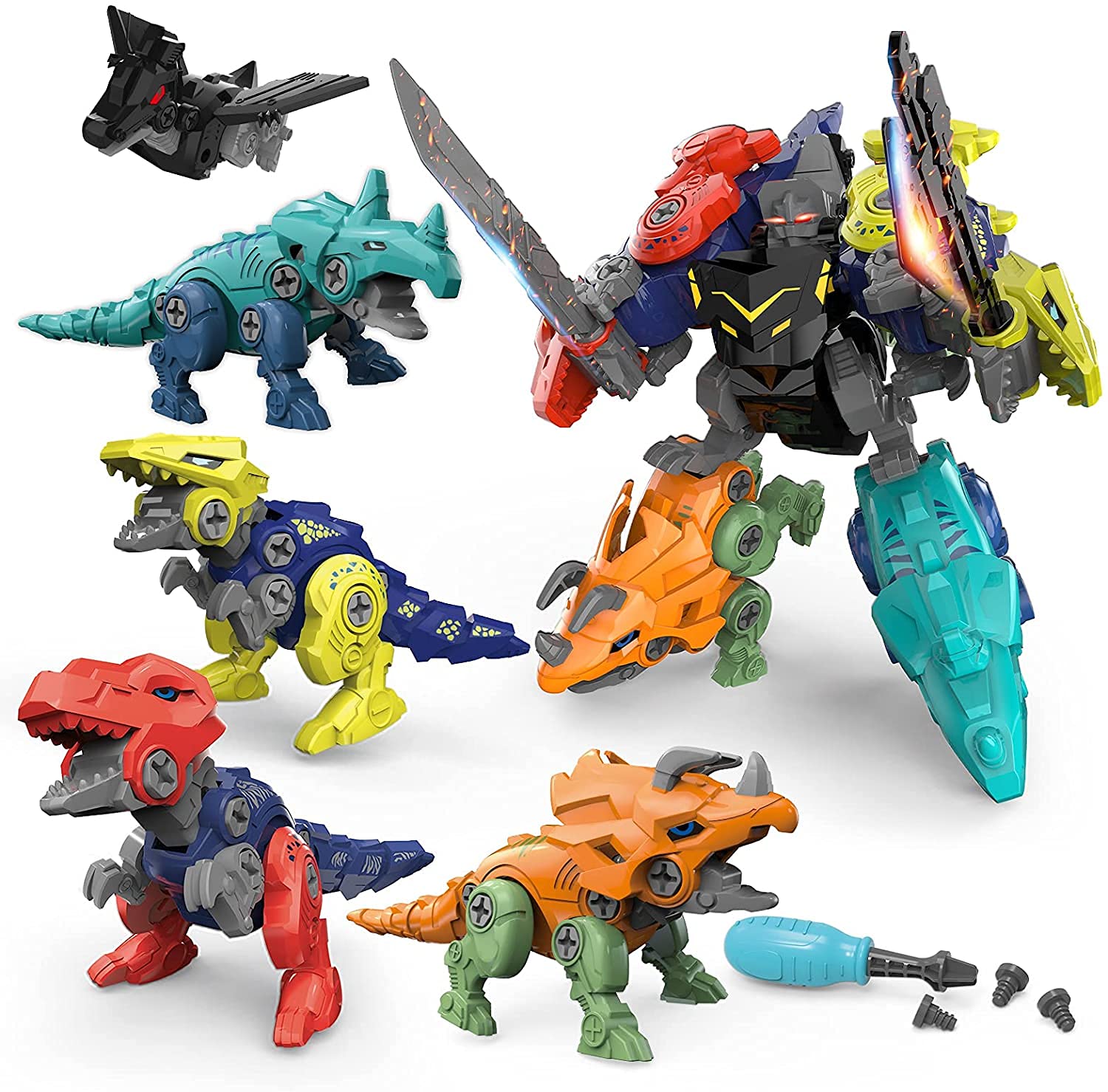 Moonmen 5 In 1 Kids Dinosaur Toys, Dinosaur Building Toys Set, DIY Take Apart Transform into Robot Toys for Birthday,Dinosaurs Playset Educational Model Animal Toys Gifts for Boys Girls