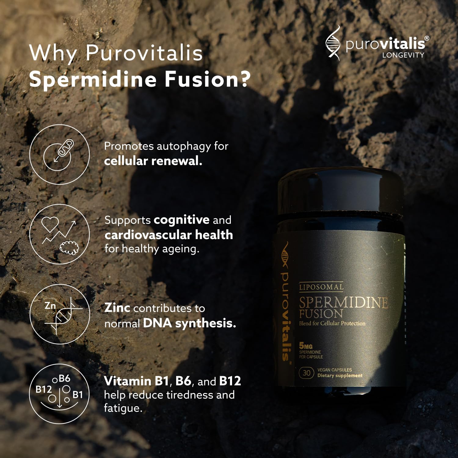 PUROVITALIS Espermidina Liposomal 5mg, Zinc, Vitamina D3 & B12, 30 Cáps.