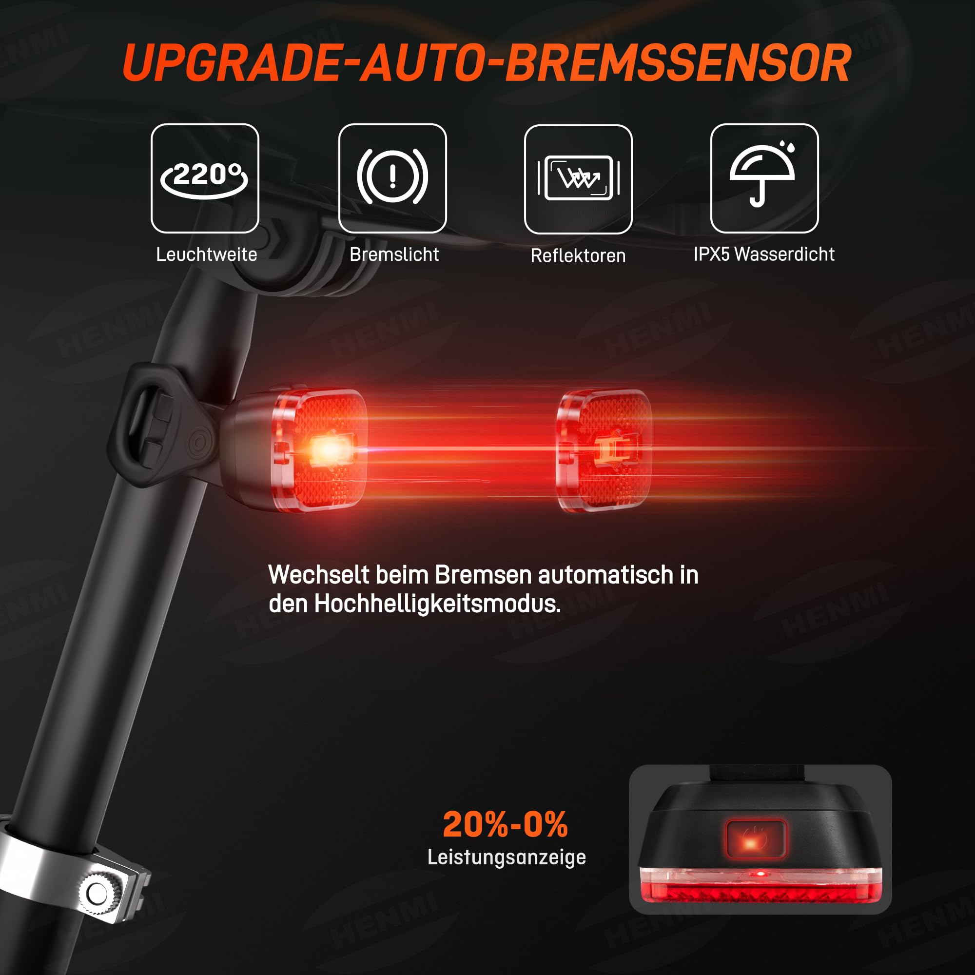 HENMI Fahrradlicht Set,USB Aufladbar Fahrradbeleuchtung Set,Stvzo Zugelassen Fahrradlicht vorne, Fahrrad Rücklicht mit Bremsfunktion und Reflektor, IPX5 Wasserdicht