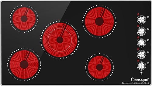 Placa eléctrica de 36 pulgadas, estufa de cerámica de 5 quemadores con 9 niveles de potencia, control de perilla, apagado automático y advertencia