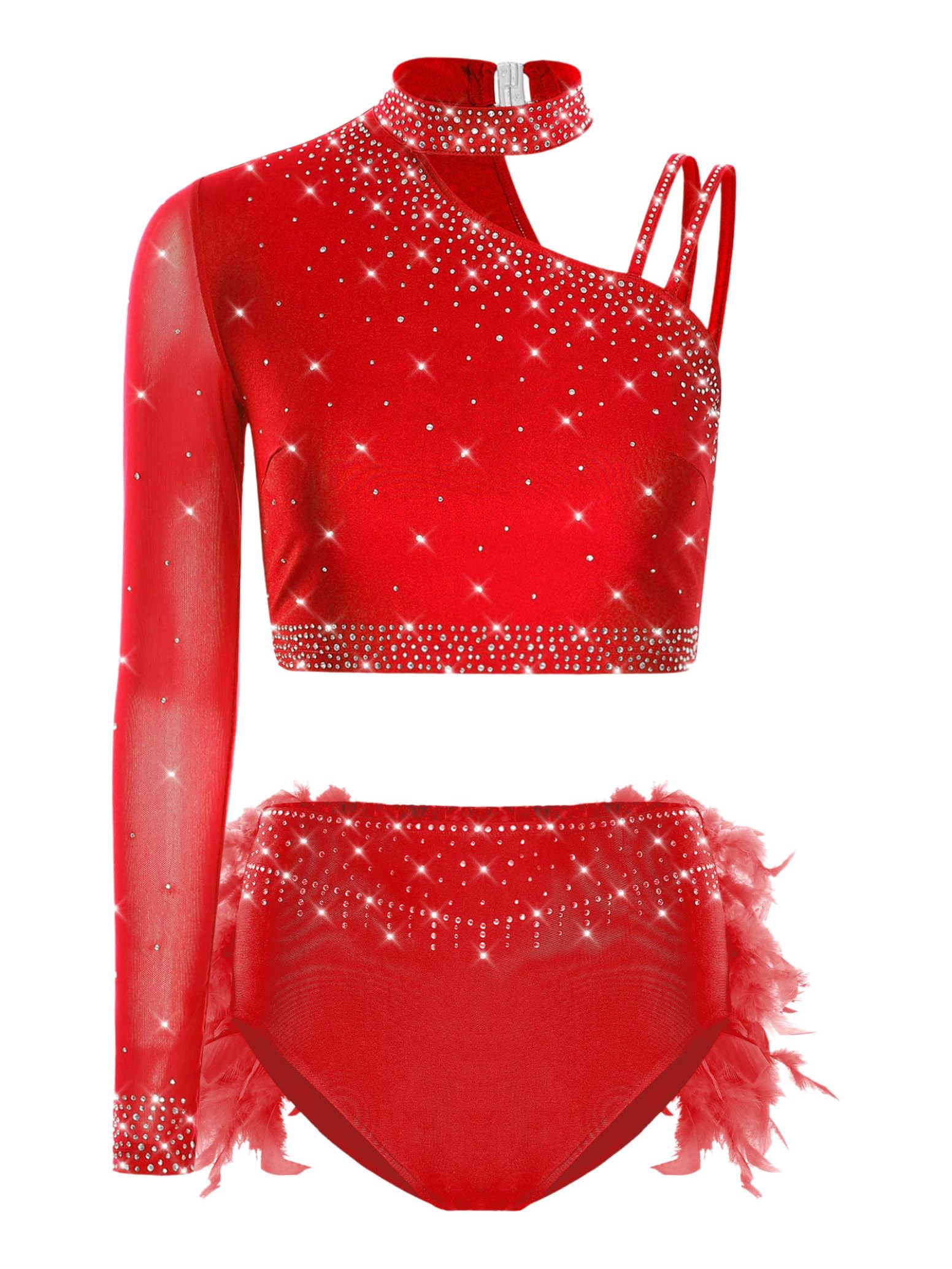 inlzdz Femmes Tenue de Danse Scintillante Samba Rumba Costume de Danse Latine Crop Top Ventre Libre Short de Danse Slip avec Plumes Vêtements de Danse