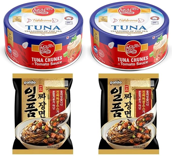 Golden Prize Tuna Chunk in Tomato Sauce 185Gms (2 Units) and Paldo Ilpoom Jjang Noodles 200 Gms (2 Units), Combo Pack, Pack of 4